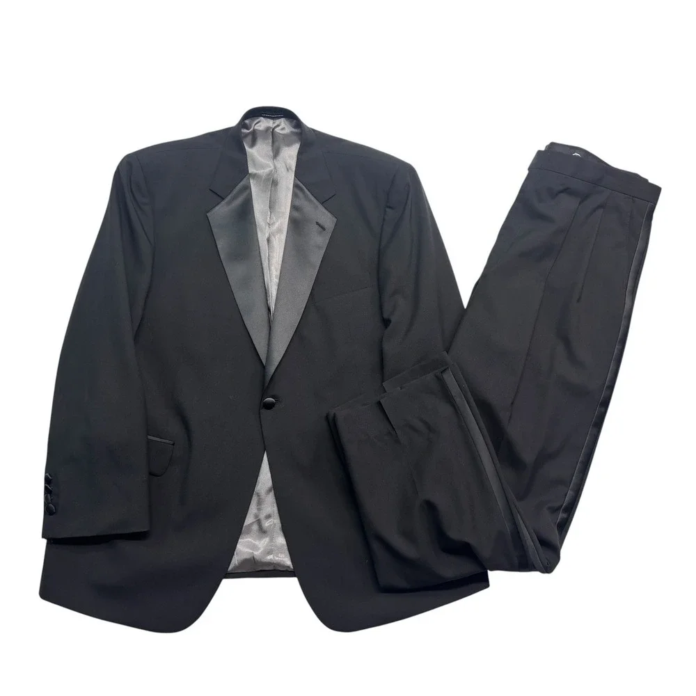 Stafford 46R 40x32 Black Tuxedo 2pc Pant Suit Wool Satin Dinner Formal Evening